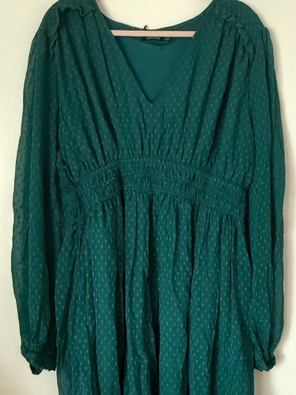 Boohoo Plus Teal V-Neck Smocked Waist Midi Dress with Sheer Dotted Sleeves